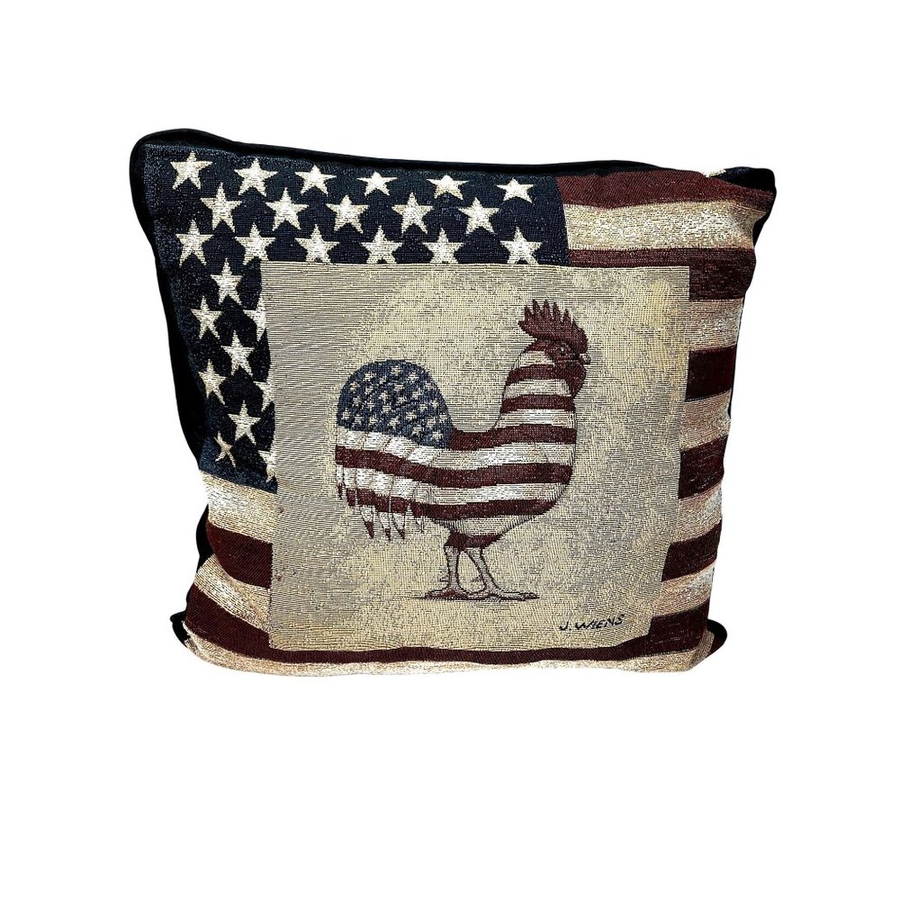 Patriotic American Flag Rooster‎ Tapestry Throw Pillow 16"x16" J Wiens Americana